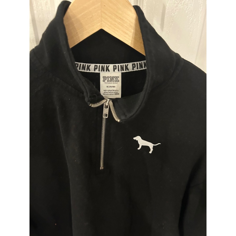 PINK Victoria's Secret Sweatshirt Black Quarter Zip Logo Graphic Pullover M - Picture 3 of 7